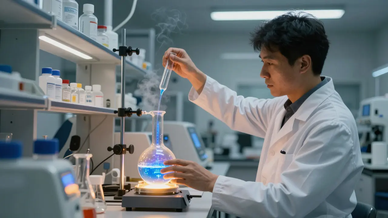 Laboratorien mit Chemikerin, die CBD in einem Reaktor umwandelt, glühende chemische Reaktion.