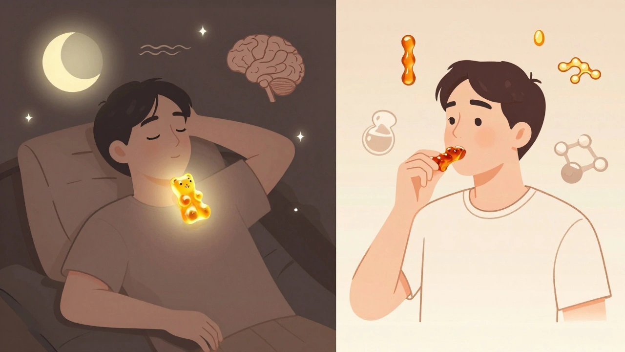 Linker Teil: Person entspannt mit CBD-Gummibärchen, rechter Teil: gleiche Person isst Hanf-Gummibärchen mit Nährwert-Symbolen.