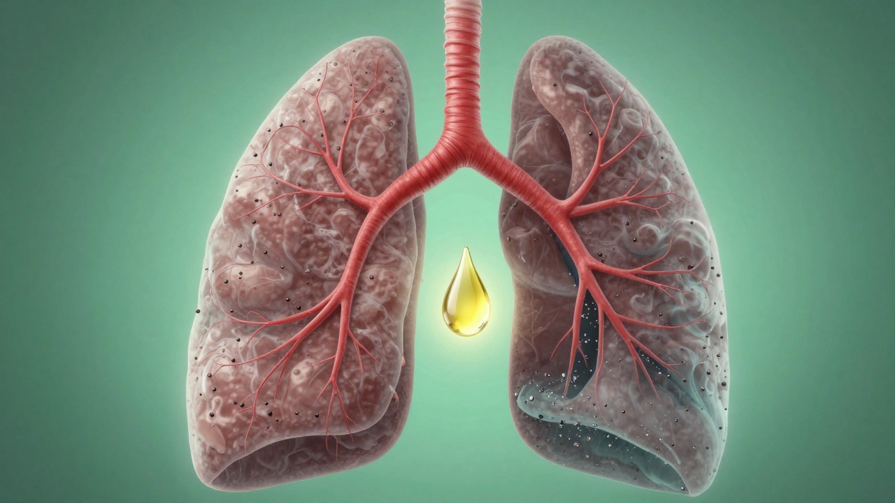 Menschliche Lunge und Blutbahn mit metallischen Kontaminanten, die sich ansammeln, neben einer reinen CBD-Tropfen.