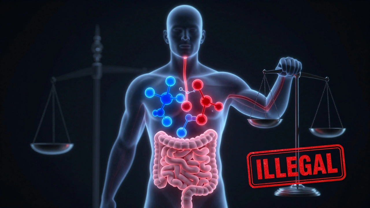 Molekulare Umwandlung von THCA zu THC im menschlichen Körper mit rechtlichem Warnsymbol