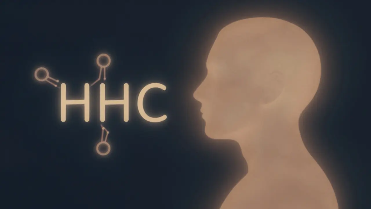Molekülstruktur von HHC mit sanftem Lichtschimmer um eine menschliche Silhouette.