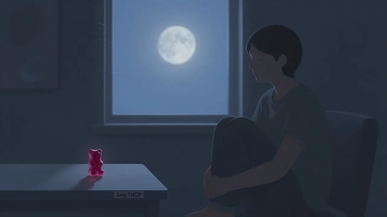 Person in dunklem Raum, ein kleines Gummibärchen mit 2mg THCP auf dem Tisch, sanftes Mondlicht und verschwommene Wahrnehmungsformen.