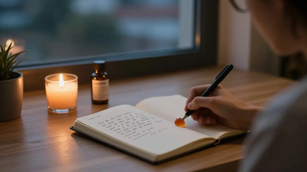 Person schreibt abends in ein Notizbuch neben einem Hanf-Gummibärchen und Kerzenlicht.