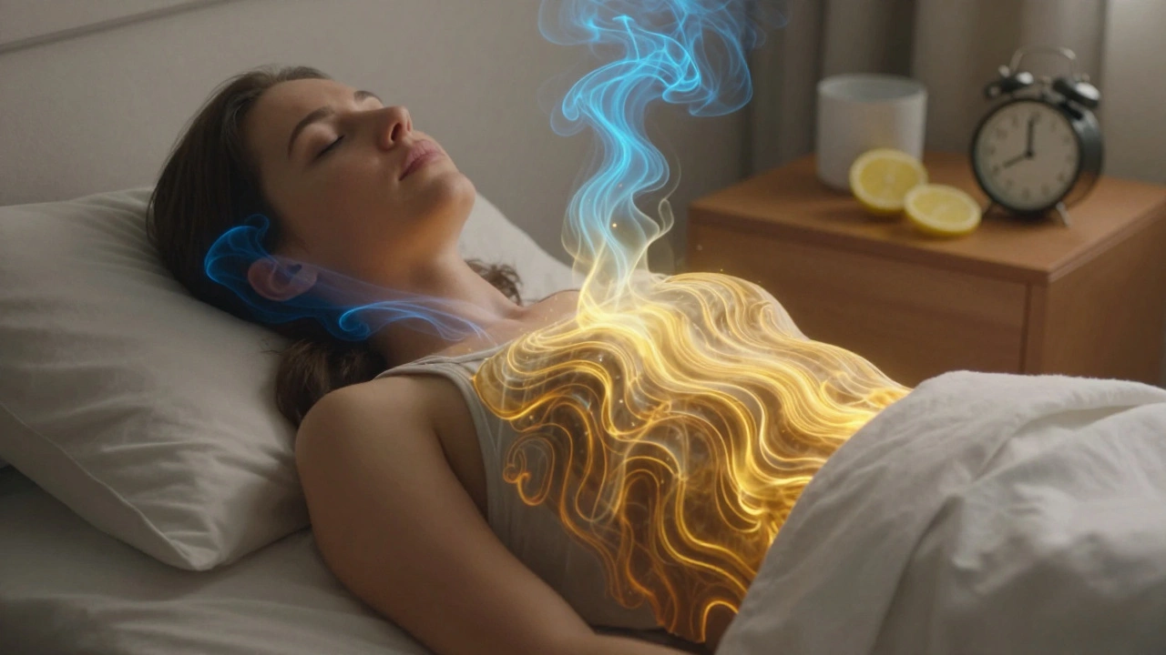 Person unter einer Decke, atmet tief, während THC- und CBD-Energien im Körper fließen, Zitrone und Uhr auf dem Nachttisch.