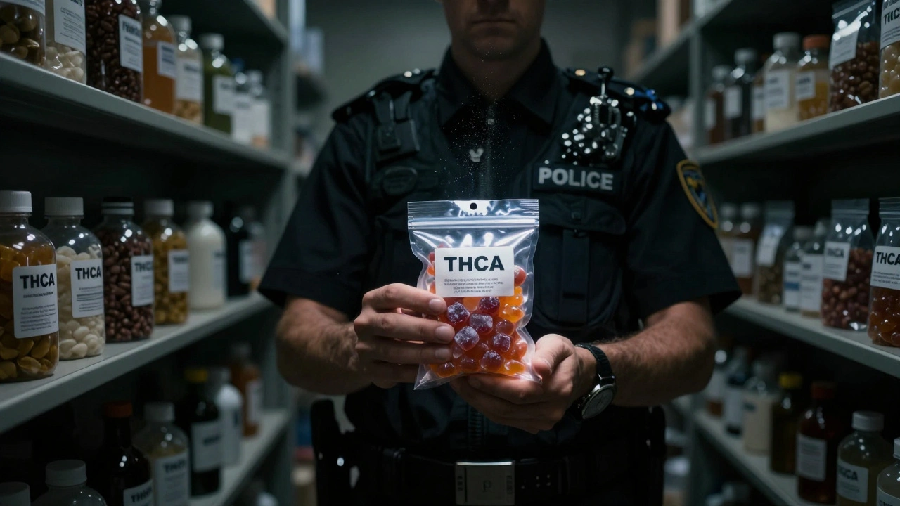 Polizeibeamter hält beschlagnahmte THCA-Gummis in einem Beweisraum