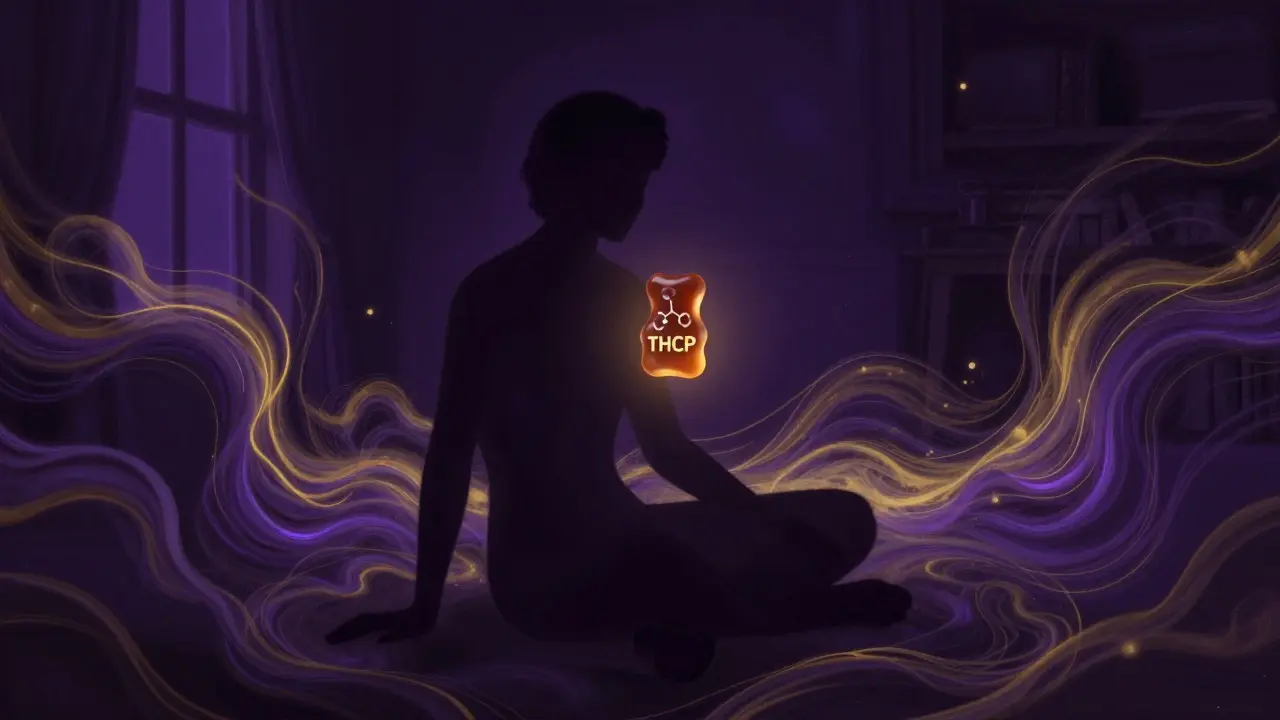 Silhouette in dunklem Raum, umgeben von energetischen Wellen, die THCP-Wirkung visualisieren.