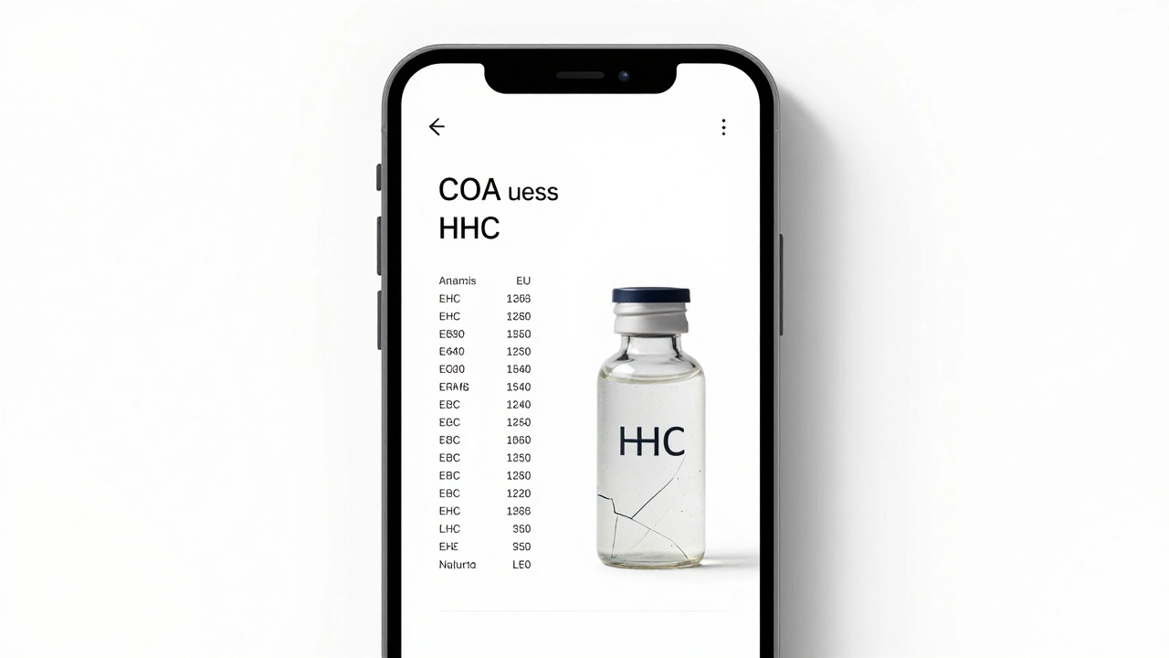 Smartphone zeigt einen Laborbericht mit sicheren Schwermetallwerten, neben einer unmarkierten, beschädigten Flasche.