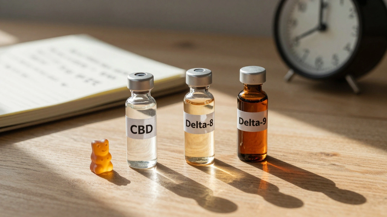 Three cannabinoid vials on a wooden table with a gummy bear and clock, symbolizing sleep aid options.