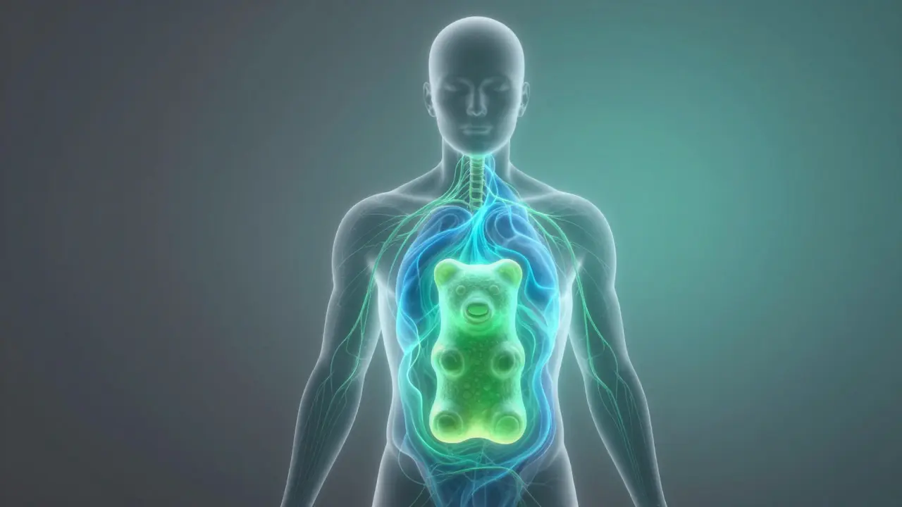 Transparente Silhouette mit sanft fließendem Licht, das von einem CBD-Gummibärchen ausgeht.