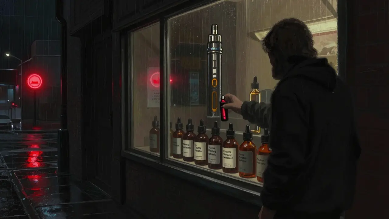 Verbotene THCP-Produkte in einem dunklen Ladenfenster mit verstecktem Warnzeichen