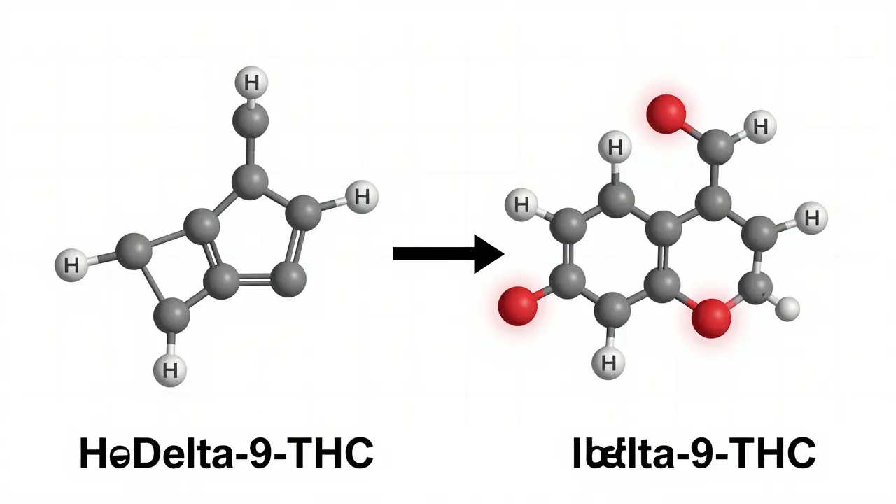 Vergleich der chemischen Strukturen von HHC und Delta-9-THC mit Bindungsstärken.