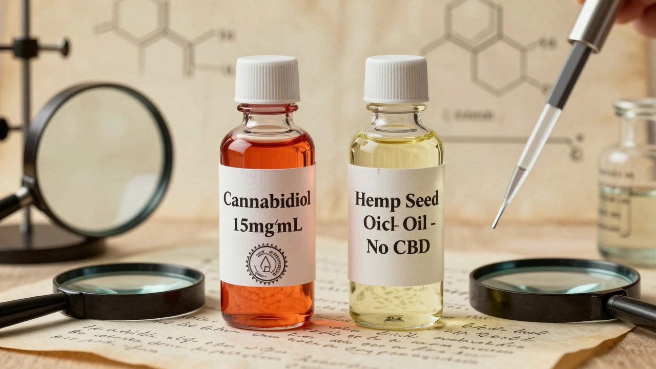 Zwei Vials mit CBD-Extrakt und Hanfsamenöl auf antikem Laborpapier mit chemischen Notizen und Siegeln.