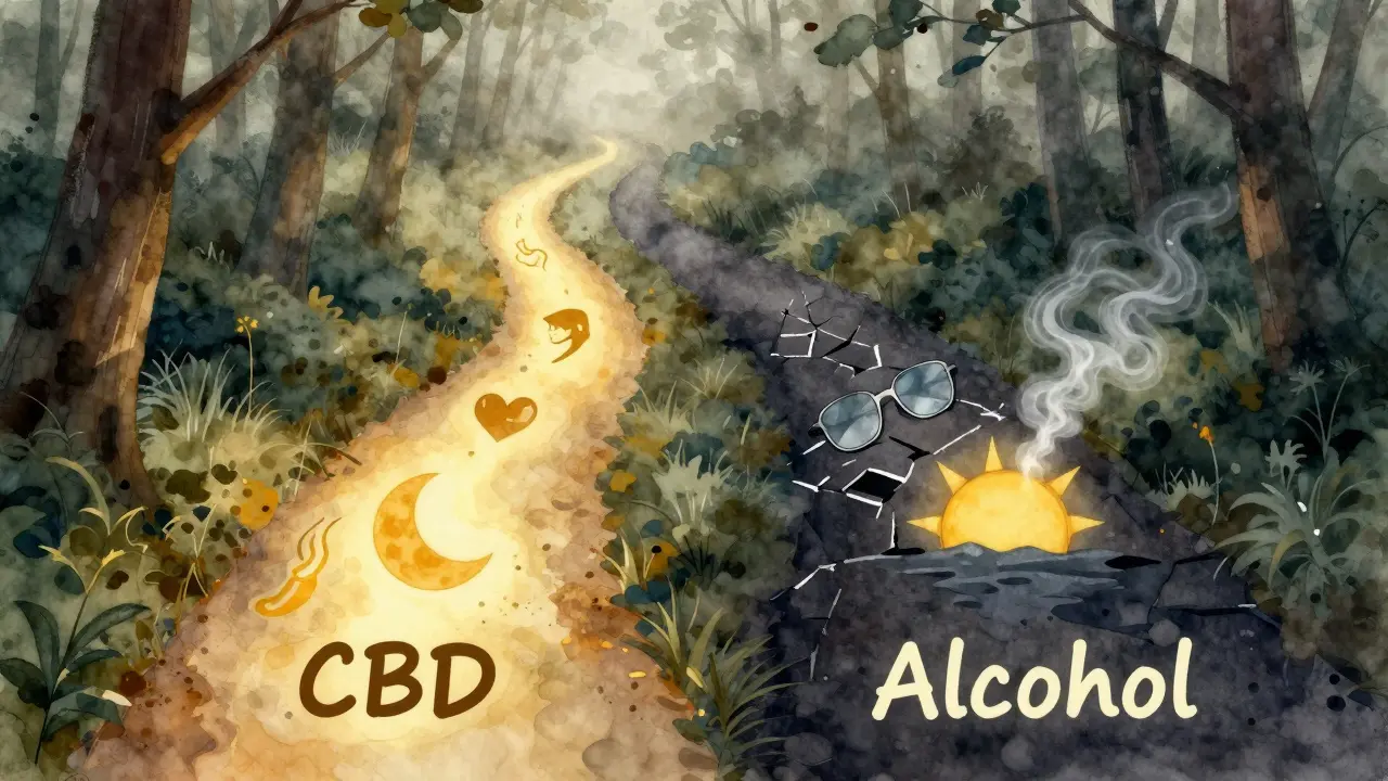 Zwei Wege im Nebelwald: einer friedlich und golden, der andere dunkel und zerbrochen.