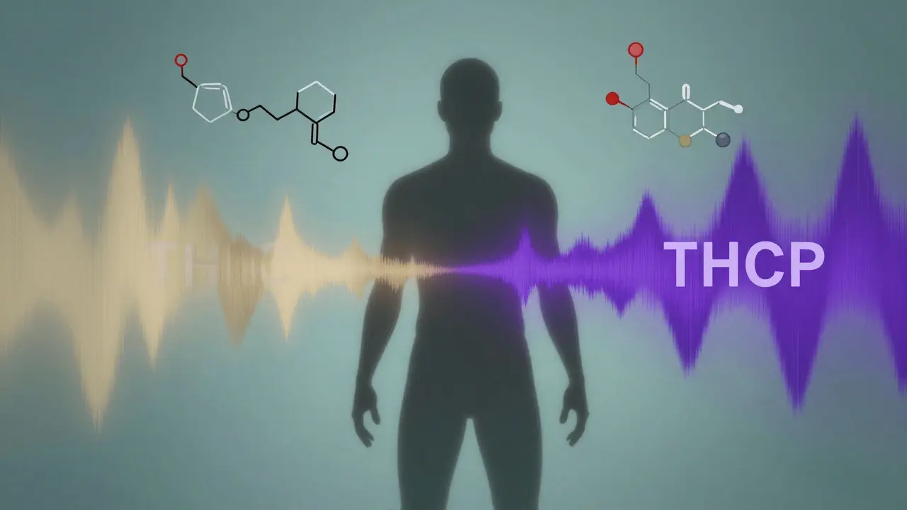 Abstrakte Darstellung der unterschiedlichen Wirkdauern von THC und THCP mit Molekülstrukturen.