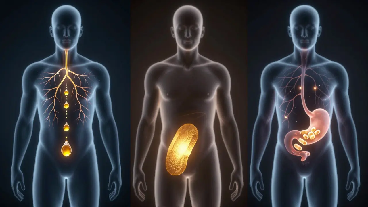 Abstrakte Darstellung dreier CBD-Wirkweisen im Körper: Öl, Salbe, Kapsel.