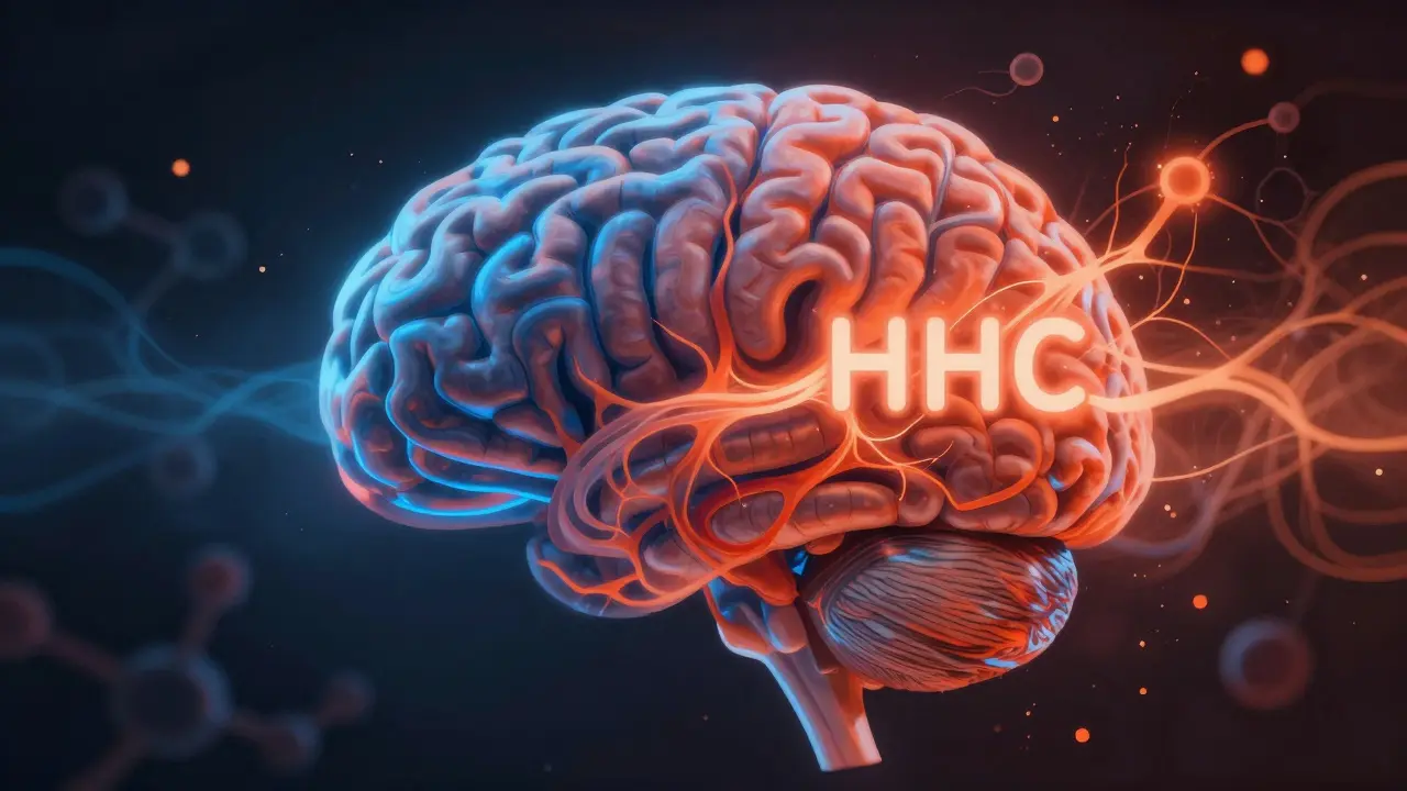 Abstrakte Darstellung eines Gehirns, bei dem CBD die HHC-Wirkung beruhigt.