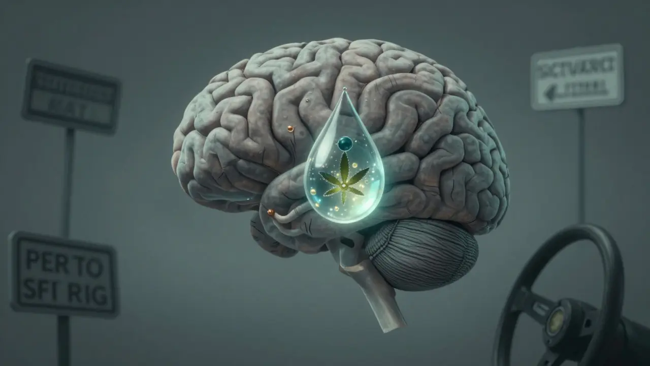 Abstrakte Darstellung eines Gehirns mit verlangsamten Nervenbahnen und CBD-Molekülen in einer Wassertropfenform.