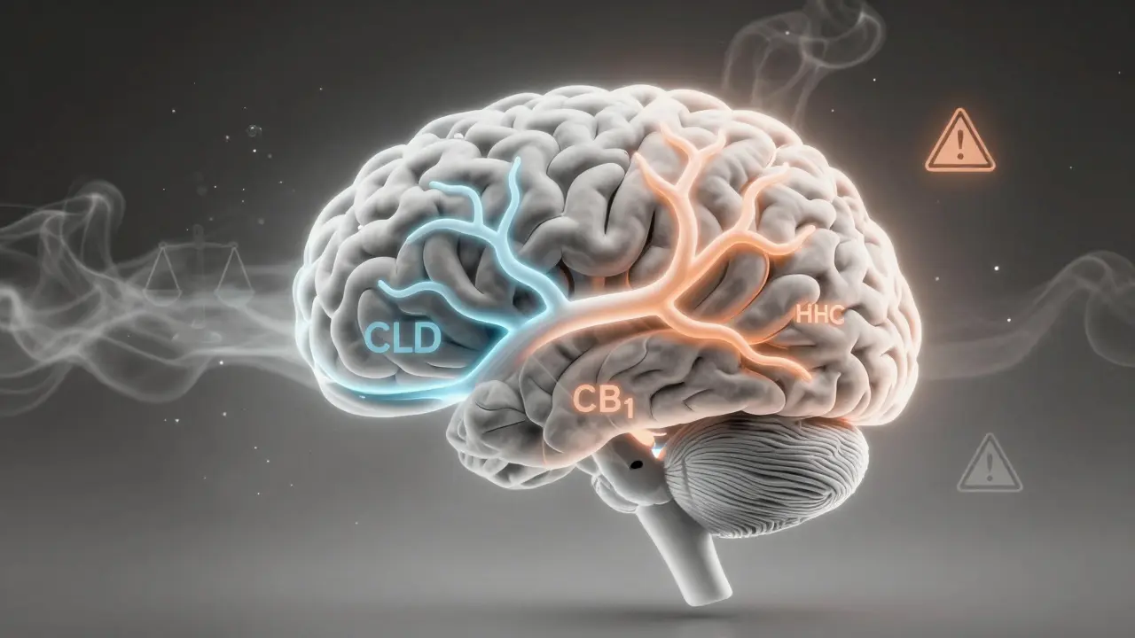 Abstrakte Darstellung eines Gehirns mit zwei unterschiedlichen neuralen Wegen für CBD und HHC.