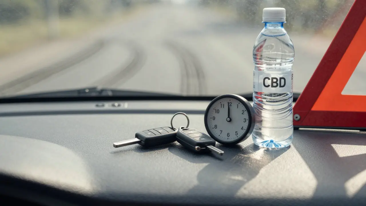 Autoschlüssel und leere CBD-Wasserflasche auf dem Armaturenbrett, Uhr zeigt 15 Minuten nach dem Konsum.
