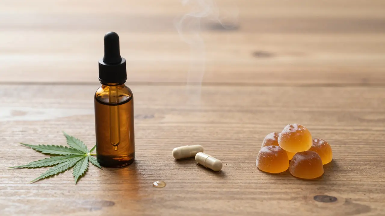 Drei CBD-Formen – Tropfen, Kapseln, Gummibärchen – auf Holztisch mit natürlichen Elementen.