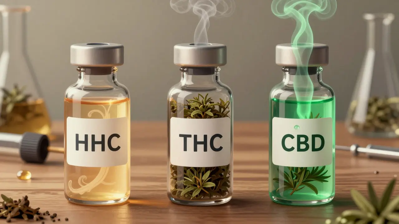 Drei Fläschchen mit HHC, THC und CBD – jeweils mit unterschiedlichem Duftprofil in Farbe und Form dargestellt.