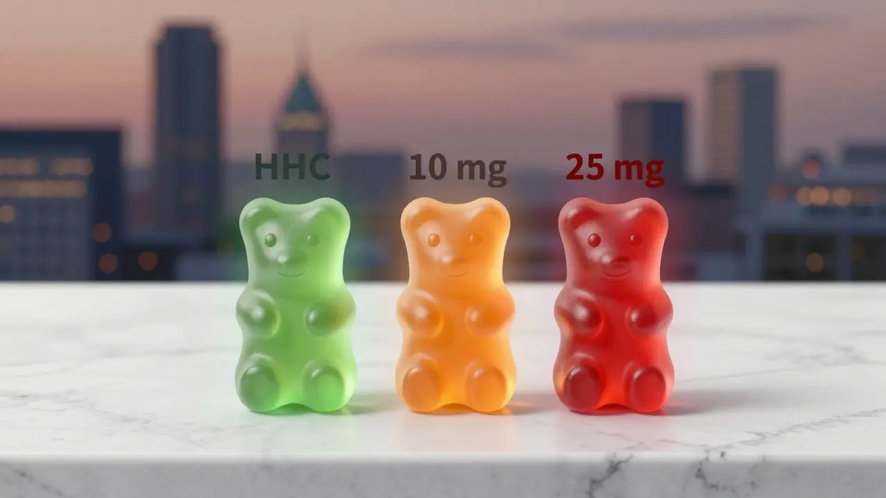 Drei HHC-Kaugummis mit unterschiedlichen Dosierungen und farbigen Warnhinweisen auf Marmor.
