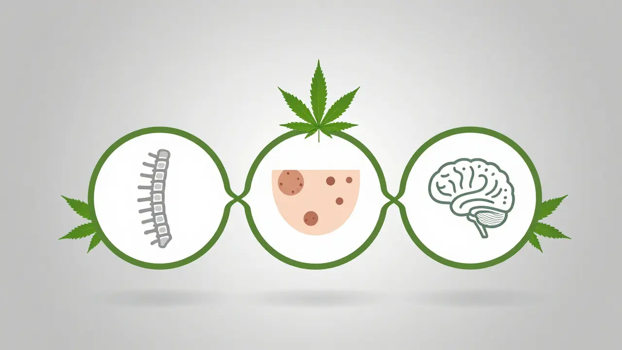 Drei verbundene Kreise aus Hanfblättern, symbolisieren Schmerzlinderung, Entzündungshemmung und Angstreduktion.