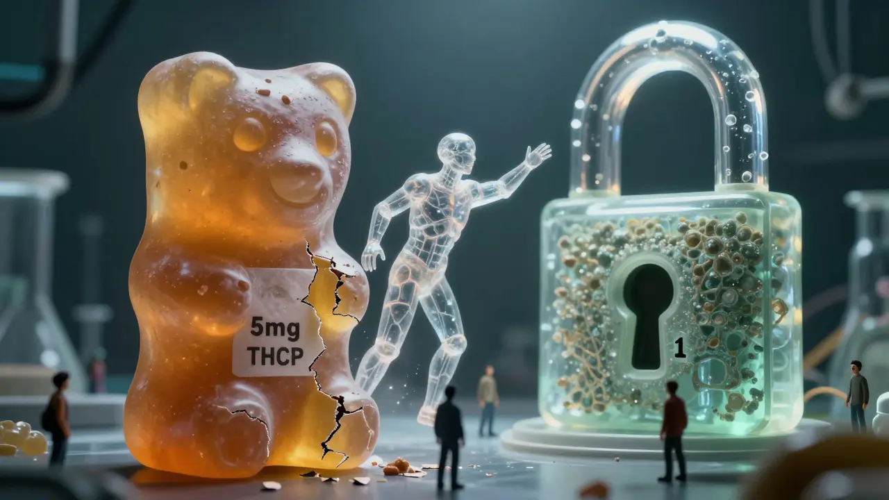 Ein gespaltenes THCP-Gummibärchen, aus dem eine riesige CB1-Rezeptor-Struktur emporwächst, Menschen schauen darauf.