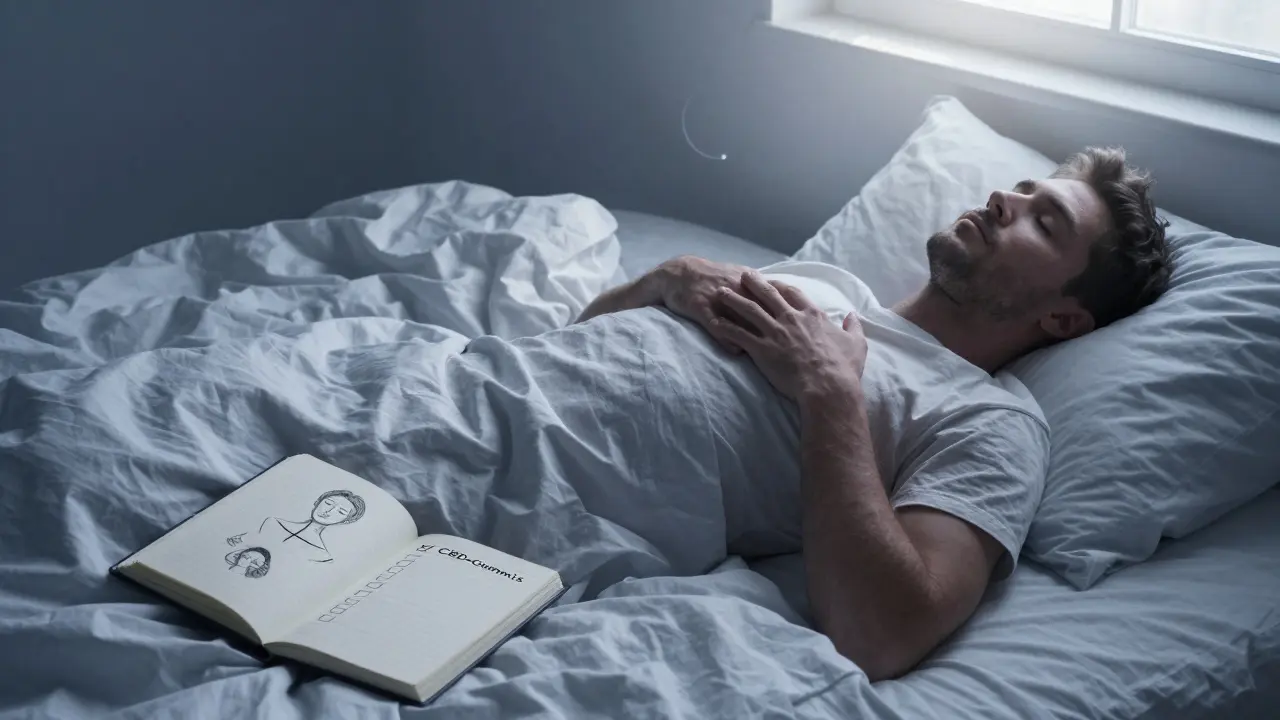 Ein Mann liegt entspannt im Bett, Mondlicht beleuchtet ein offenes Tagebuch mit Atemübungen.