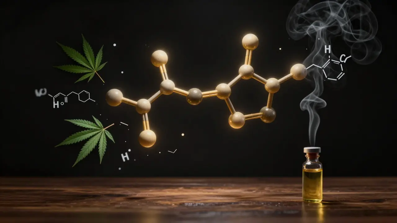 Ein THCP-Molekül mit verlängerter Seitenkette schwebt über einer Flasche reinen THCP-Öls.