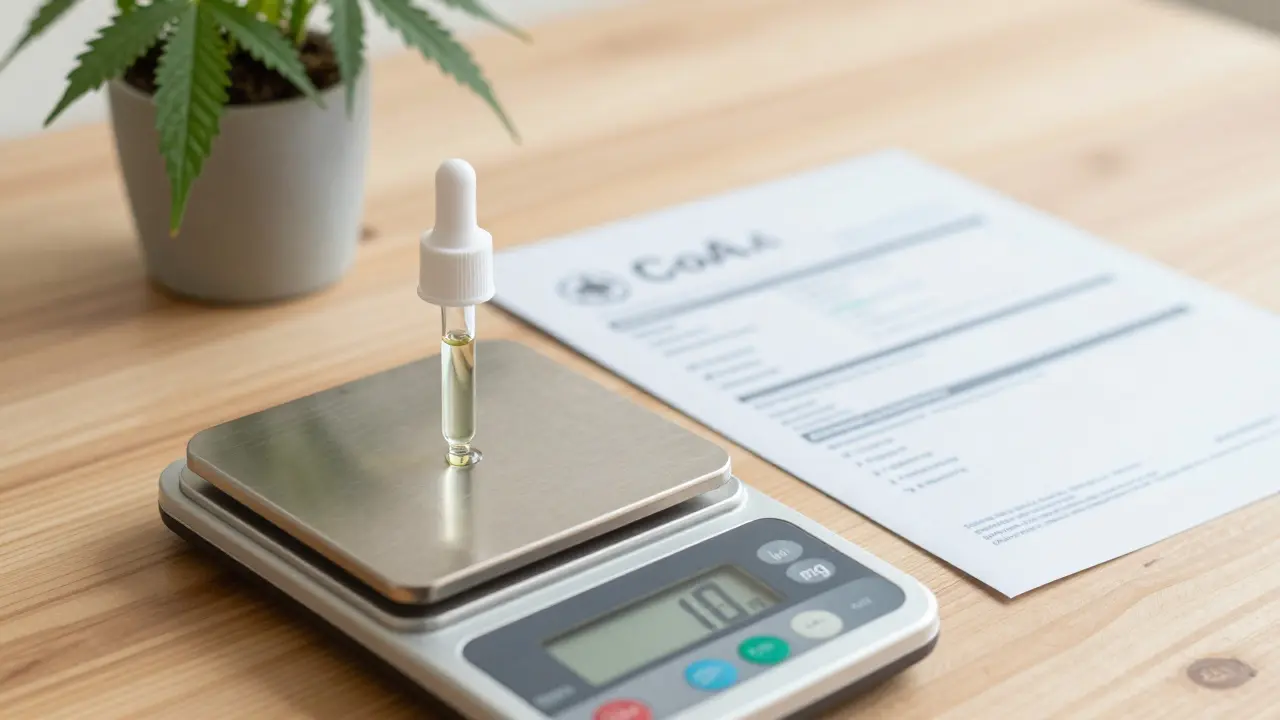 Ein Tropfen THCP-Öl auf einer Waage mit 1,0 mg, daneben ein Laborzertifikat und eine Hanfpflanze, natürliches Licht.