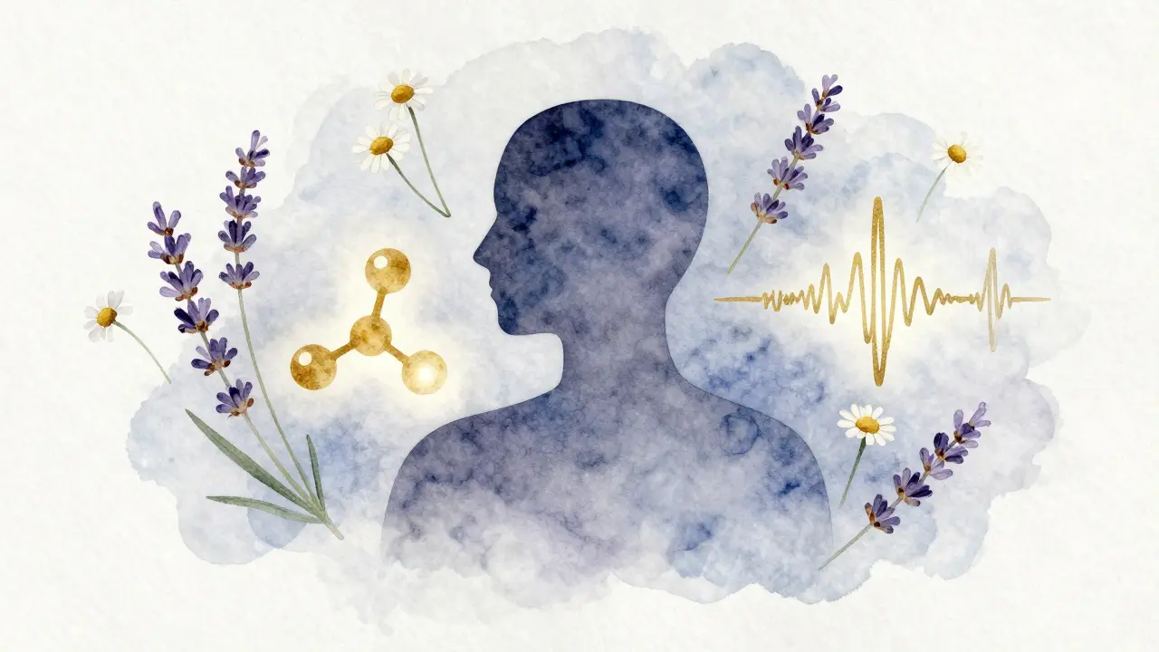 Eine abstrakte Darstellung einer Person, umgeben von beruhigenden Pflanzen und biochemischen Symbolen der Entspannung.