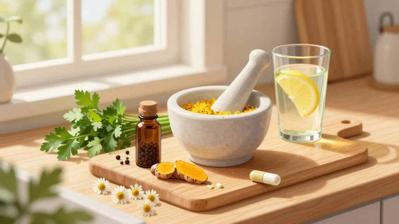 Eine Küchenanrichte mit Kurkuma, schwarzem Pfeffer und frischen Kräutern für natürliche Schmerzlinderung.