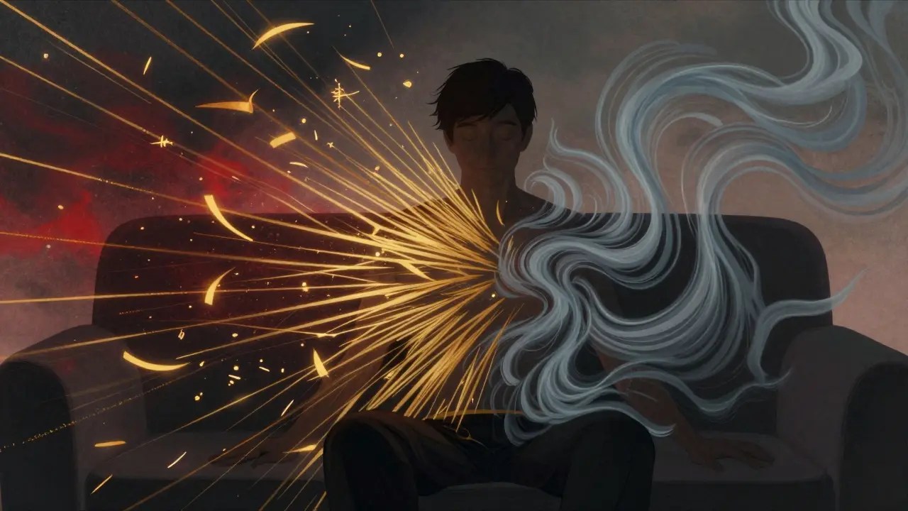 Eine Person auf dem Sofa, umgeben von abstrakten Wellen, die THCP-Intensität und HHC-Beruhigung symbolisieren.