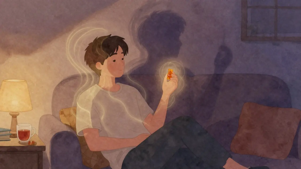 Eine Person entspannt am Abend mit einem HHC-Gummibärchen, sanftes goldenes Licht um sie herum.