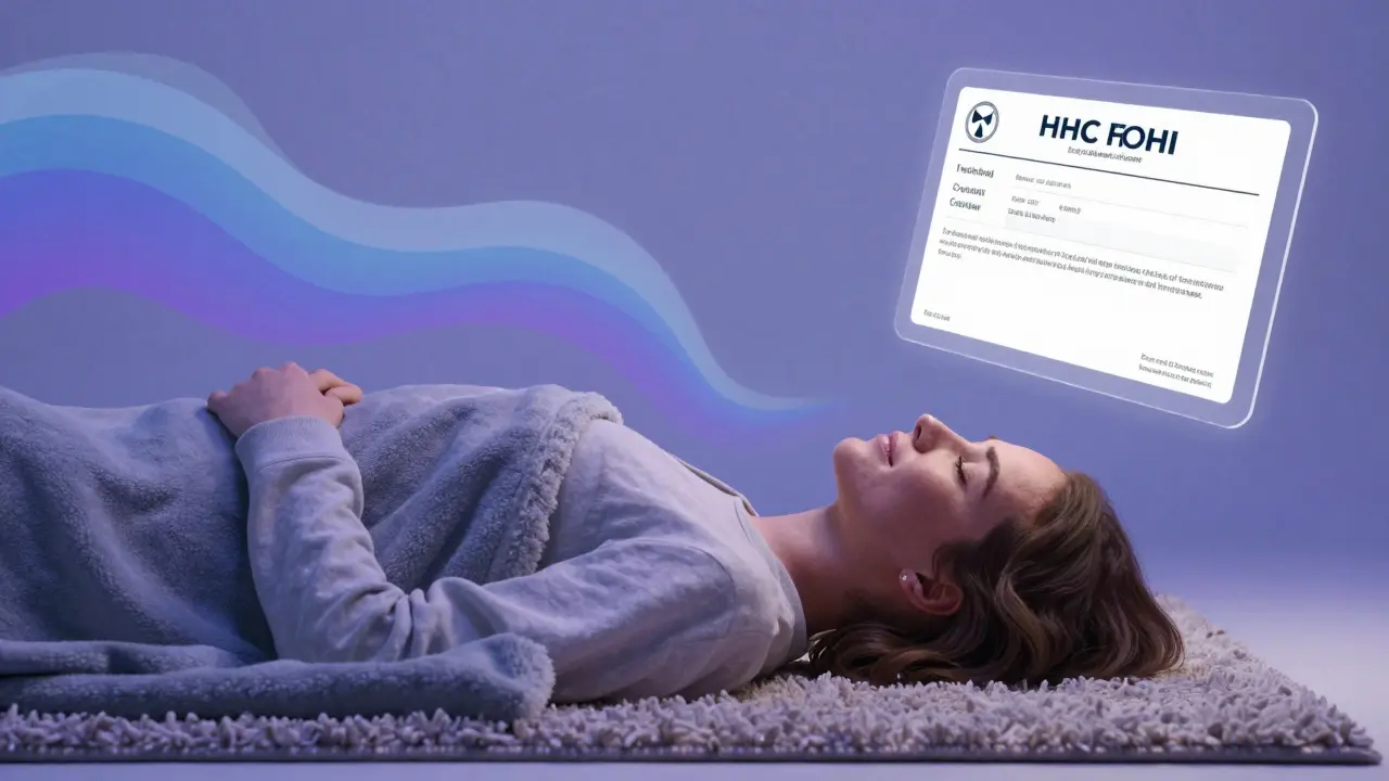 Eine Person entspannt unter einer Decke, umgeben von beruhigenden, abstrakten Farbwellen.