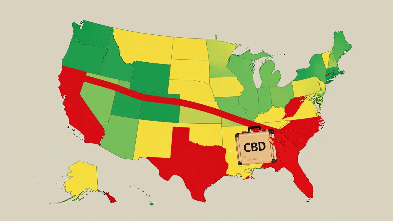 Farbkodierte US-Karte mit legalen, eingeschränkten und verbotenen CBD-Bundesstaaten.