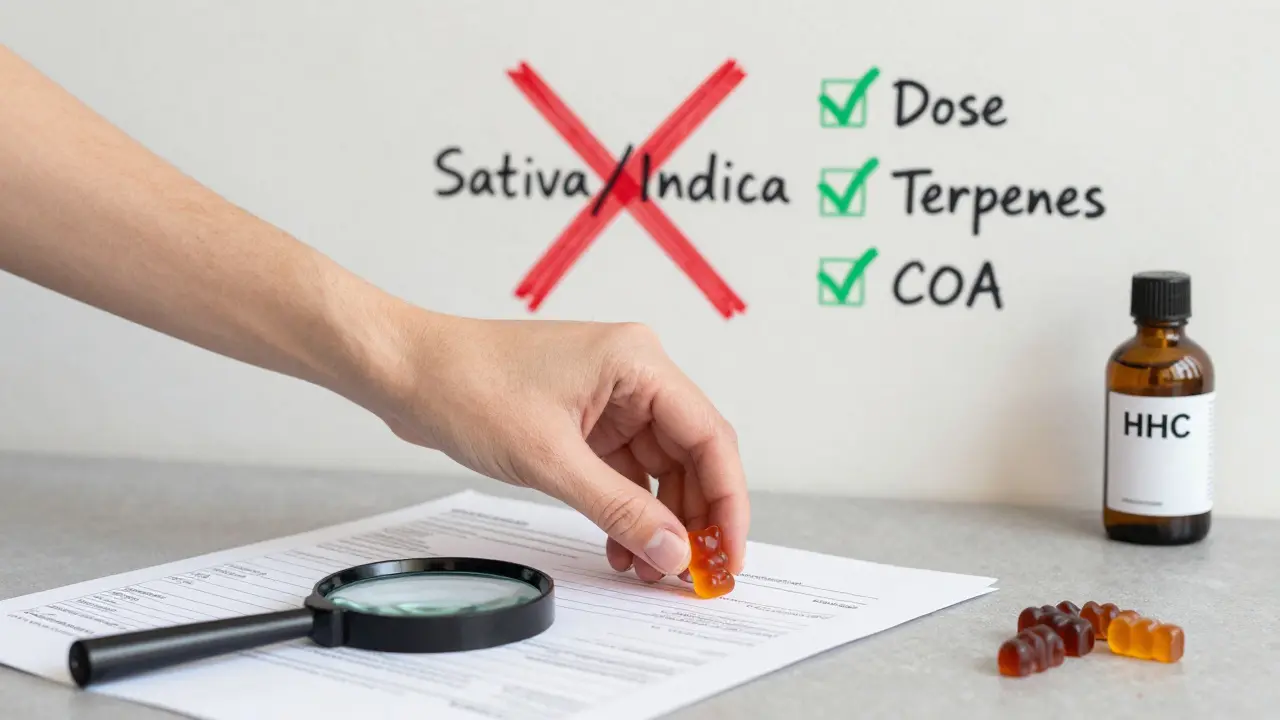 HHC-Gummibärchen neben COA und CBD-Flasche, mit X über 'Sativa/Indica'