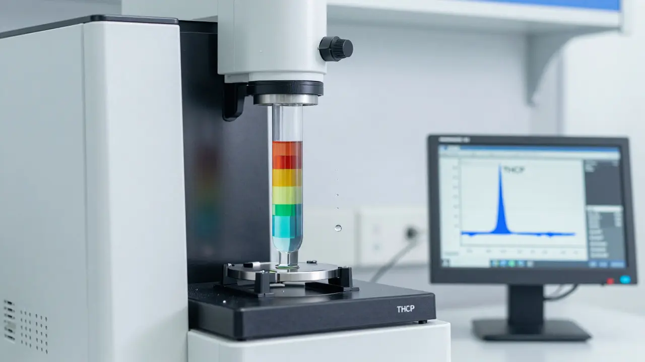 HPLC-System trennt Cannabinoide, wobei THCP als klarer Peak auf einem Monitor sichtbar ist.
