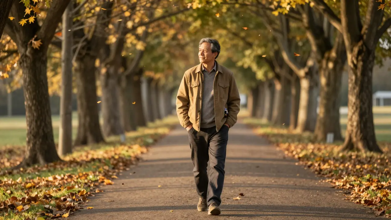 Mann spaziert ruhig im Herbstlicht, CBD-Flasche in der Tasche, friedliche Atmosphäre, keine Sportgeräte.