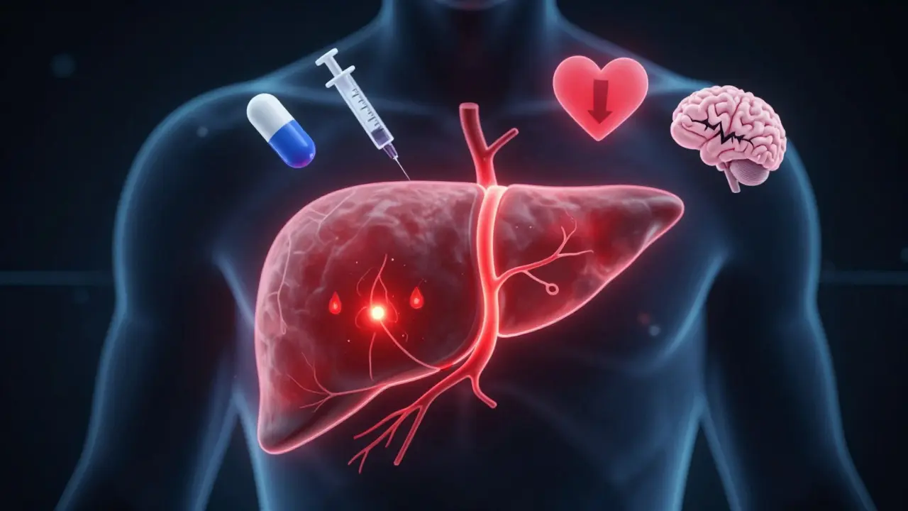 Menschliche Leber mit roten Warnadern und Symbolen für Medikamente, Blutdruck und Gehirn.