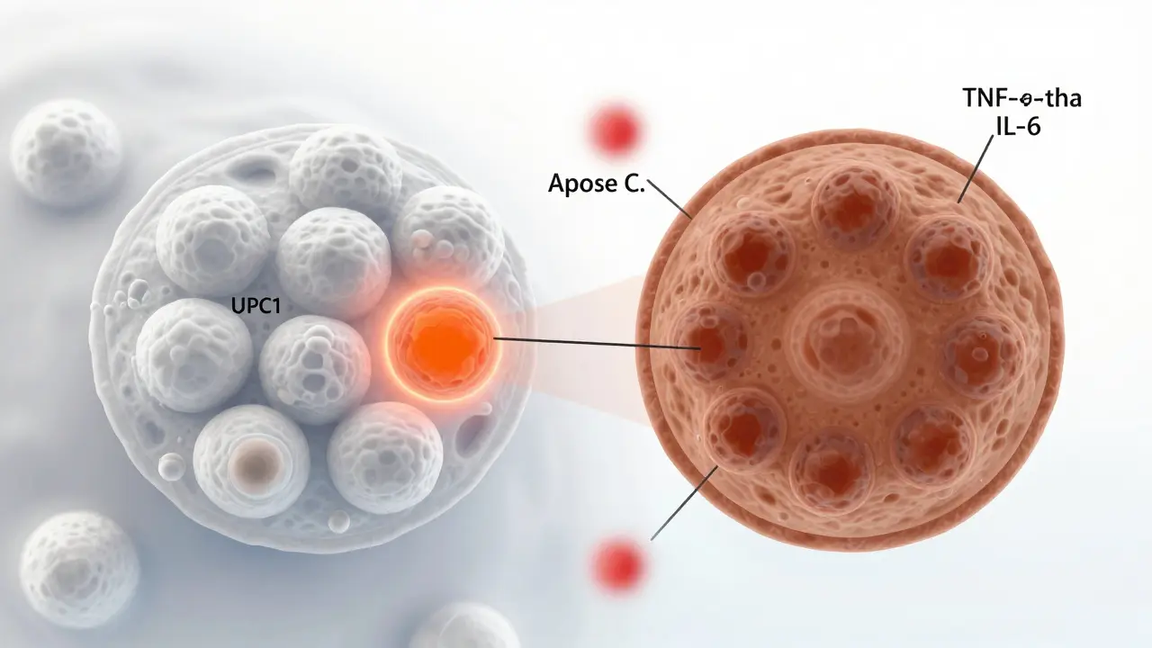 Mikroskopische Darstellung von weißem und braunem Fettgewebe mit CBD-Molekülen