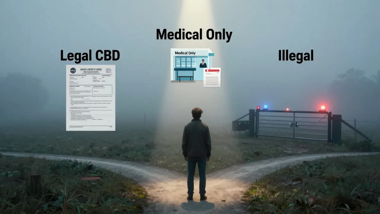 Person an Kreuzweg mit drei Pfaden: legal, medizinisch, verboten – neblige, surreale Landschaft.