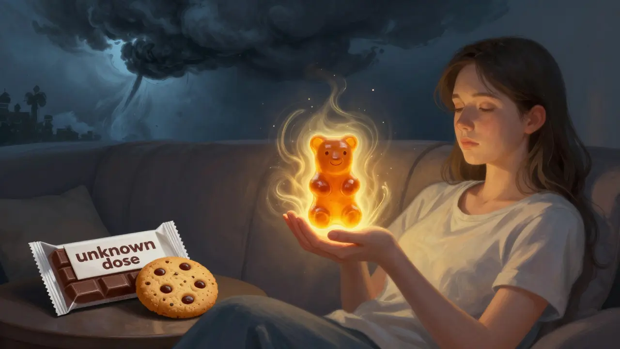 Person hält ein THC-Gummibärchen, während ruhige Energie von ihm ausgeht, im Hintergrund ein unsicheres Edible in Dunkelheit.