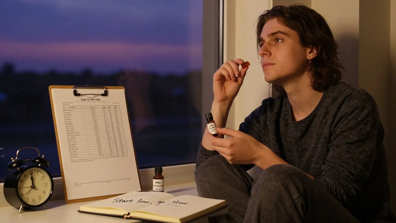 Person hält HHC-Gummibärchen und THC-Öl, blickt aus dem Fenster bei Dämmerung.