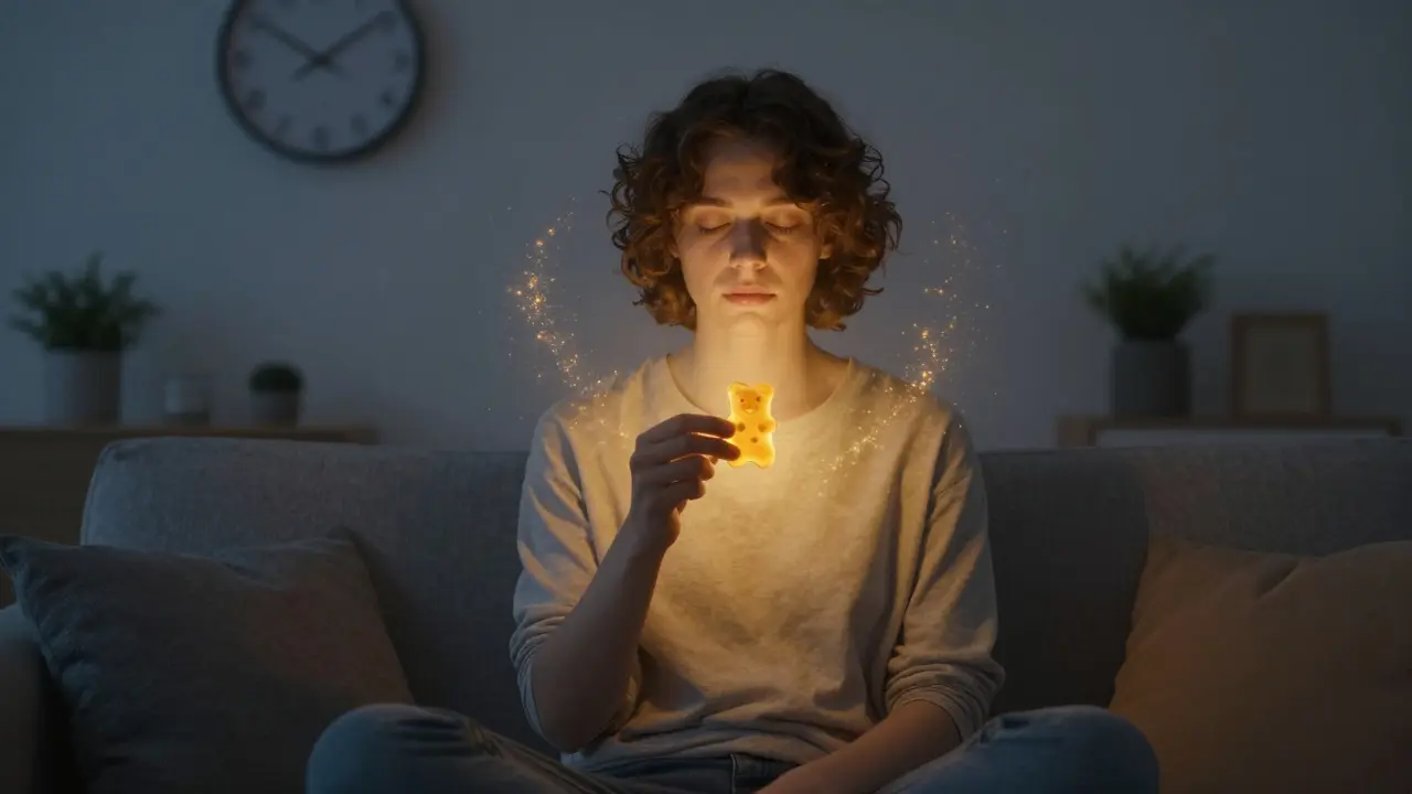 Person in entspannter Pose in einem dunklen Zimmer, umgeben von goldenen Lichtpartikeln.