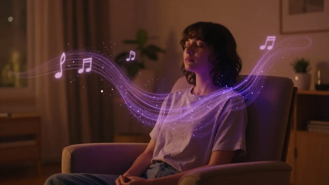 Person in ruhiger, meditativer Haltung, umgeben von leuchtenden Sinneswahrnehmungen wie Klangwellen und Duftströmen, gedämpftes Licht.