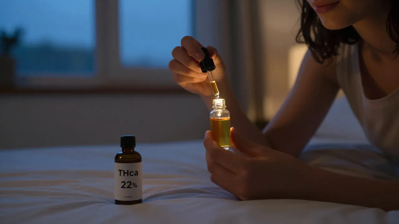 Person nimmt THCa-Tinktur ein, ruhig und ohne Rausch, in abendlichem Zimmerlicht.