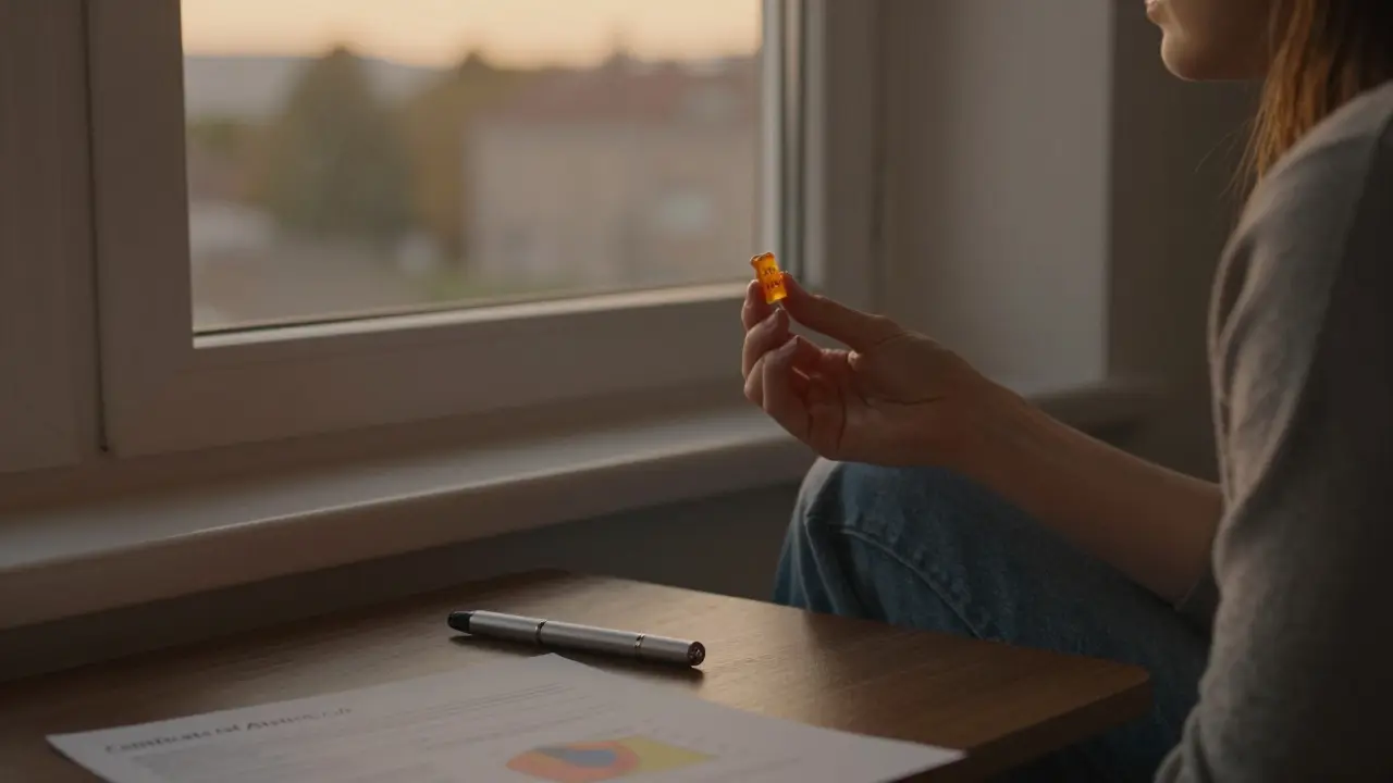 Person sitzt abends am Fenster und hält einen HHC-Gummibärchen, warmes Licht im Raum.