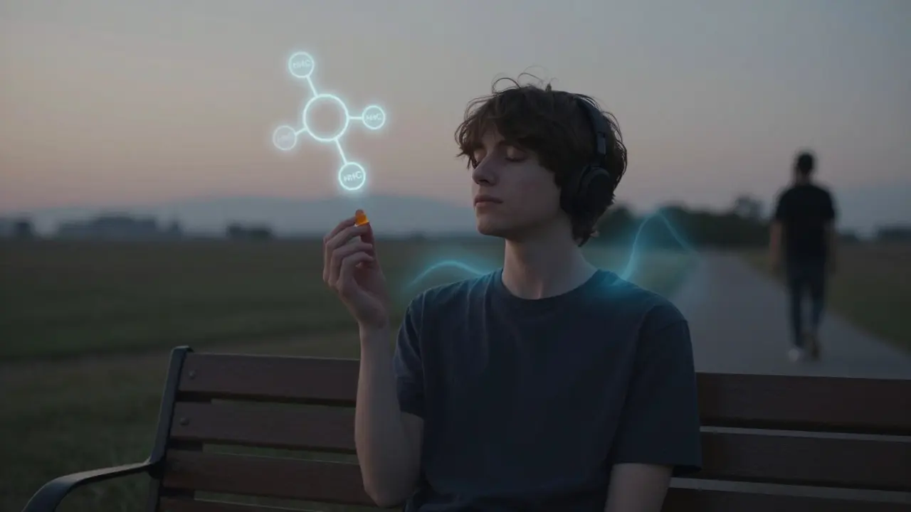 Person sitzt ruhig bei Dämmerung, hält HHC-Gummibärchen, sanfte Energie um die Schultern.